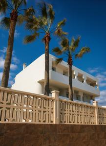 un bâtiment avec des palmiers devant dans l'établissement Brisa Marina Ocean View, à Antigua
