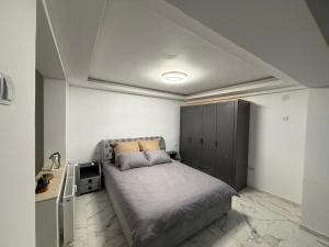 a bedroom with a large bed and a sink at City Hall Deluxe Studio in Craiova