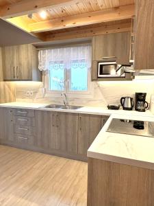 a kitchen with wooden cabinets and a sink and a window at Theo Two-Bedroom Apartment in Marathias