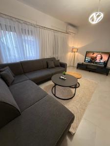 普里什蒂纳Central Lux Apartmens的带沙发、桌子和电视的客厅