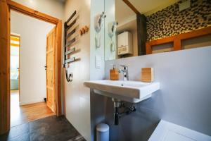 ein Bad mit einem Waschbecken an der Wand in der Unterkunft HARLEY FAMILY APARTAMENT in Muszyna + 41 Fotos