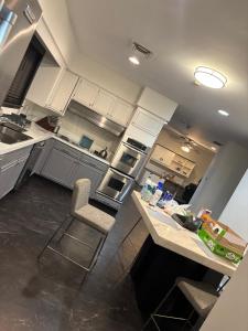 a kitchen with a counter and a chair in it at Hotel Plantsylvania in Temple Hills