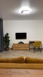 een woonkamer met een bank en een flatscreen-tv bij Sunset apart in Kremenets
