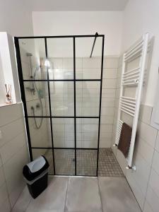 une douche avec une porte vitrée dans une salle de bain dans l'établissement Affittacamere LA CASA DI GIADA a 5 minuti dal centro di Imola - parcheggio privato interno per furgoni e auto, à Imola