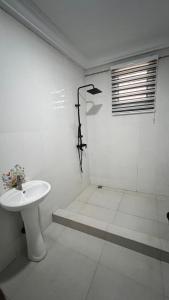 Un baño blanco con ducha y lavabo. en Prof's Villa, en Kumasi