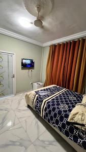 Un dormitorio con una cama con cortina y un televisor. en Prof's Villa, en Kumasi