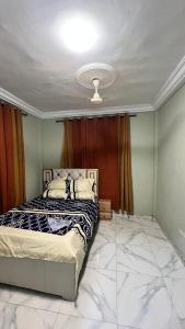 Un dormitorio con una cama y un techo. en Prof's Villa, en Kumasi