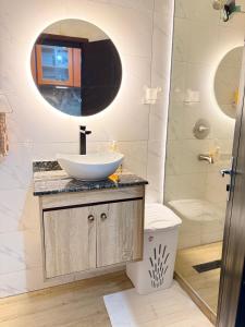 杜阿拉Julianah appart的浴室里有洗手池和镜子 更多53张照片