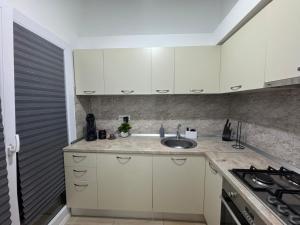 Una cocina con gabinetes blancos y un fregadero. en Cosmo LOFT #pool, en Ştefăneştii de Sus