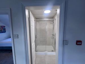 a bathroom with a shower with a glass door at The Bluebird B&B III in Central Station +38 photos