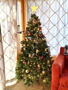 a christmas tree sitting in a living room at Emerald Arrowhead Haus - For 6 in Lake Arrowhead