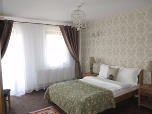 マナスティレア・フモルルイにあるPensiunea Doina Bucovineiのベッドルーム1室(ベッド1台、シャンデリア付)