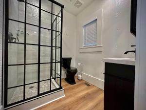 ein Badezimmer mit Dusche, Waschbecken und Toilette in der Unterkunft Gorgeous loft downtownSherman washer dryer WiFi in Sherman