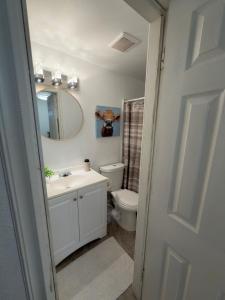 Cozy Studio Next To TPA Airport في تامبا: حمام مع حوض ومرحاض ومرآة +6 صور
