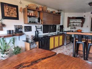 a kitchen with wooden cabinets and a counter top at Hostal Boutique El Vergel Azul in Castro