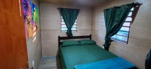 Un dormitorio pequeño con una cama y dos ventanas. en Delva's Villa, en Ciudad de Belice
