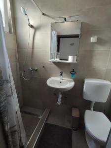 a small bathroom with a toilet and a sink at Rooms San in Velika Gorica +15 photos