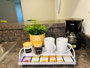 a tray with coffee mugs and tea packets on a kitchen counter at KING bed central worker-friendly LongStayDiscount in Sherman