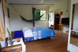 ein Schlafzimmer mit einem Bett und einer Hängematte. in der Unterkunft Shark House in Bellavista