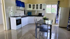 a kitchen with white cabinets and a table and a refrigerator at Island Nest Apartment in Willemstad