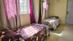 a bedroom with two beds and pink curtains and a window at Island Nest Apartment in Willemstad