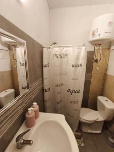 a bathroom with a sink and a toilet and a mirror at Libertador 7 MVD in Montevideo
