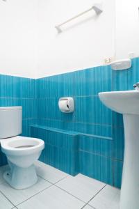 a blue bathroom with a toilet and a sink at HOTEL PALACE DIAZ inn in Cusco +48 photos