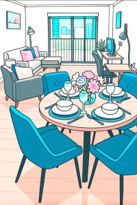 a drawing of a living room with a table and chairs at Lets Stay SA Manchester 2Bed 2Bath l Waterfront l Balcony l Free WiFi l Dishwasher l Airfryer l Coffee Machine l Media City l Salford Quays l City Centre l The Lowry l Palace Theatre l Opera House l M60 l M61 l M62 l M6 in Manchester