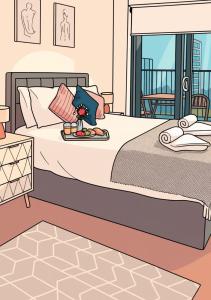 a bedroom with two beds and a balcony at Lets Stay SA Manchester 2Bed 2Bath l Waterfront l Balcony l Free WiFi l Dishwasher l Airfryer l Coffee Machine l Media City l Salford Quays l City Centre l The Lowry l Palace Theatre l Opera House l M60 l M61 l M62 l M6 in Manchester