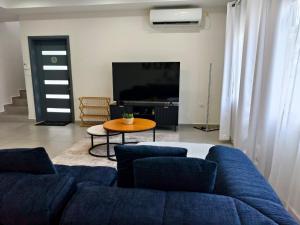 a living room with a blue couch and a table at Spacious 3BR Home with Own Private Cozy Pool in Koolbaai