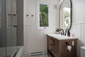 圣阿加瑟莫Luxury Lakefront Retreat Spa Beach Ski的浴室配有洗手池、镜子和淋浴。 更多60张照片