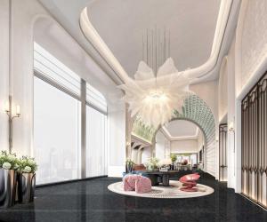 a rendering of a lobby with a chandelier at Vignette Collection TFT Chongqing by IHG in Chongqing