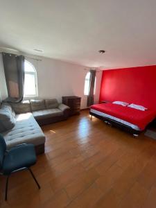 AhuatepecにあるCasa Isabella in Cuernavacaの赤い壁のリビングルーム(ソファ付)