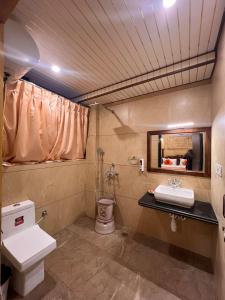 une salle de bain avec toilettes, lavabo et miroir dans l'établissement Hotel Tokyo Palace, à Jaisalmer