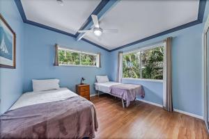 a bedroom with blue walls and a bed and a window at Treetop Paradise Retreat with Pool in Cannonvale