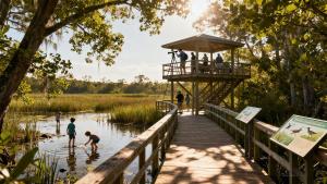 un groupe de personnes debout sur une passerelle au-dessus d'un étang dans l'établissement Greentree Inn Express Beijing Capital International Airport&格林豪泰智选酒店北京首都国际机场店, à Pékin