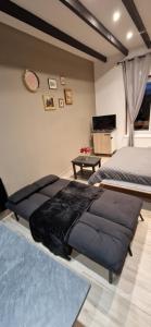 a bedroom with a large bed and a tv at Chic & Design Studio for 3 people in Thonon-les-Bains