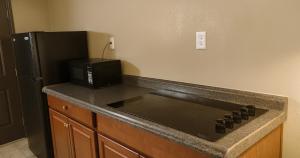 Eine Küche mit Herd und Mikrowelle neben einem Kühlschrank in der Unterkunft Gated 2 Double Beds Studio with Full Kitchen 102 in Baton Rouge
