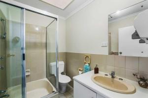 ein Badezimmer mit Waschbecken, Toilette und Dusche in der Unterkunft Unley rd parkside Adelaide in Unley