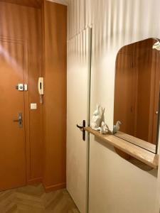 a bathroom with a mirror next to a door at Charming 2-room apartment, Grand Annecy in Meythet +6 photos