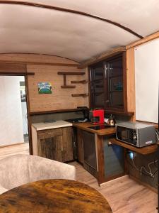 - une cuisine avec un comptoir et un four micro-ondes dans la chambre dans l'établissement Haus Evelynchen auf Rädern Deutschhof, à Deutschhof