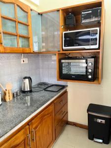 a kitchen with a microwave and a counter top at Beachfront two bedroom apartment-perfect sea escape! in Flic-en-Flac +18 photos