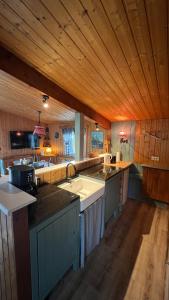 een grote keuken met houten plafonds en houten werkbladen bij Die Waldstube in Bromskirchen