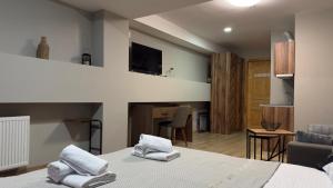 Ένα ή περισσότερα κρεβάτια σε δωμάτιο στο Didveli Gallery Bakuriani B202 დიდველი გალერეა ბაკურიანი B202