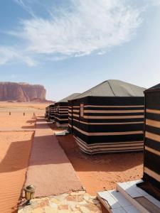 a row of tents in the desert at Golden Camp Tours in Wadi Rum