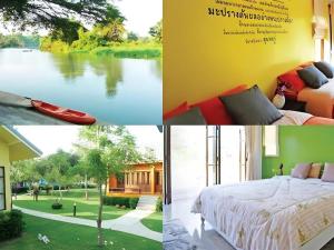 a collage of pictures of a bedroom and a lake at Doembang Villa in Ban Tha Pong +226 photos