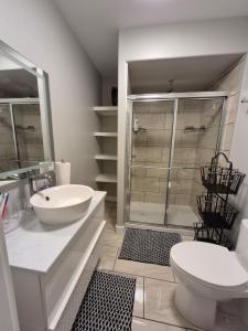 een badkamer met een toilet, een wastafel en een douche bij Comfort Tenacity in Yellowknife