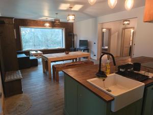 una cucina e un soggiorno con lavandino e tavolo di La Canton ad Adunaţi