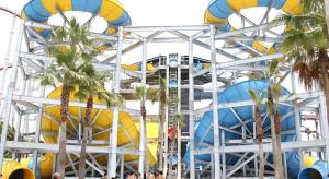 a water park with a bunch of slides and palm trees at Business Hotel BL Kuwana in Kuwana
