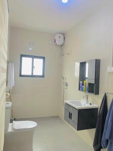 ein weißes Badezimmer mit Toilette und Waschbecken in der Unterkunft Poinsettia White House in Livingstone